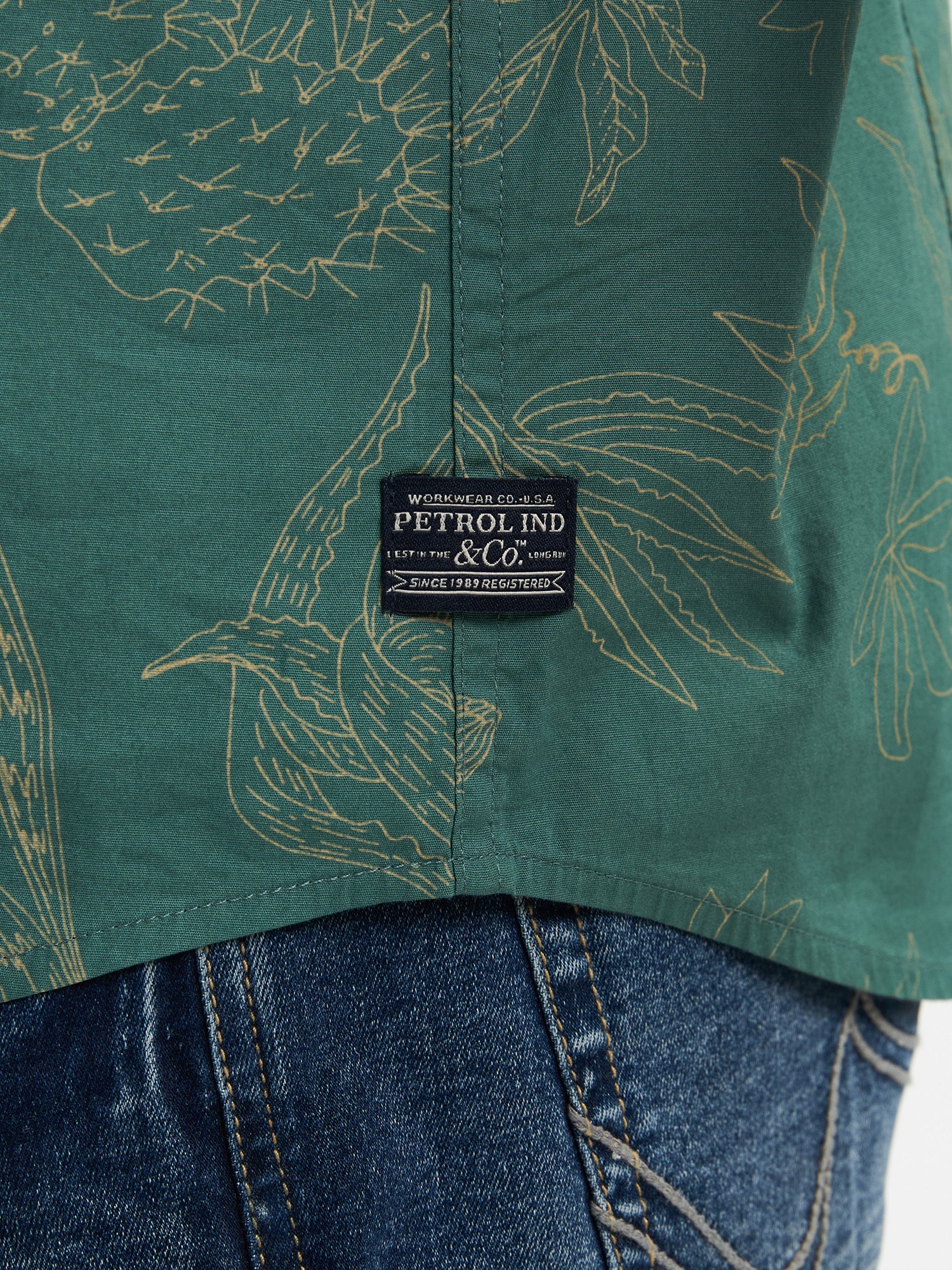 Petrol Industries Men Shirt Short Sleeve All-Over Print Slim Fit Oil Green