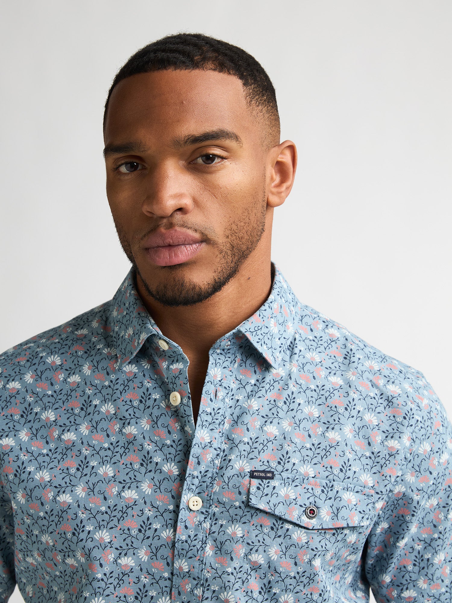 Petrol Industries Men Shirt Short Sleeve All-Over Print Regular Fit Marble Blue
