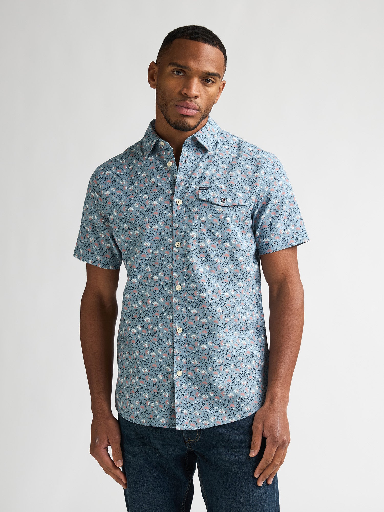 Petrol Industries Men Shirt Short Sleeve All-Over Print Regular Fit Marble Blue