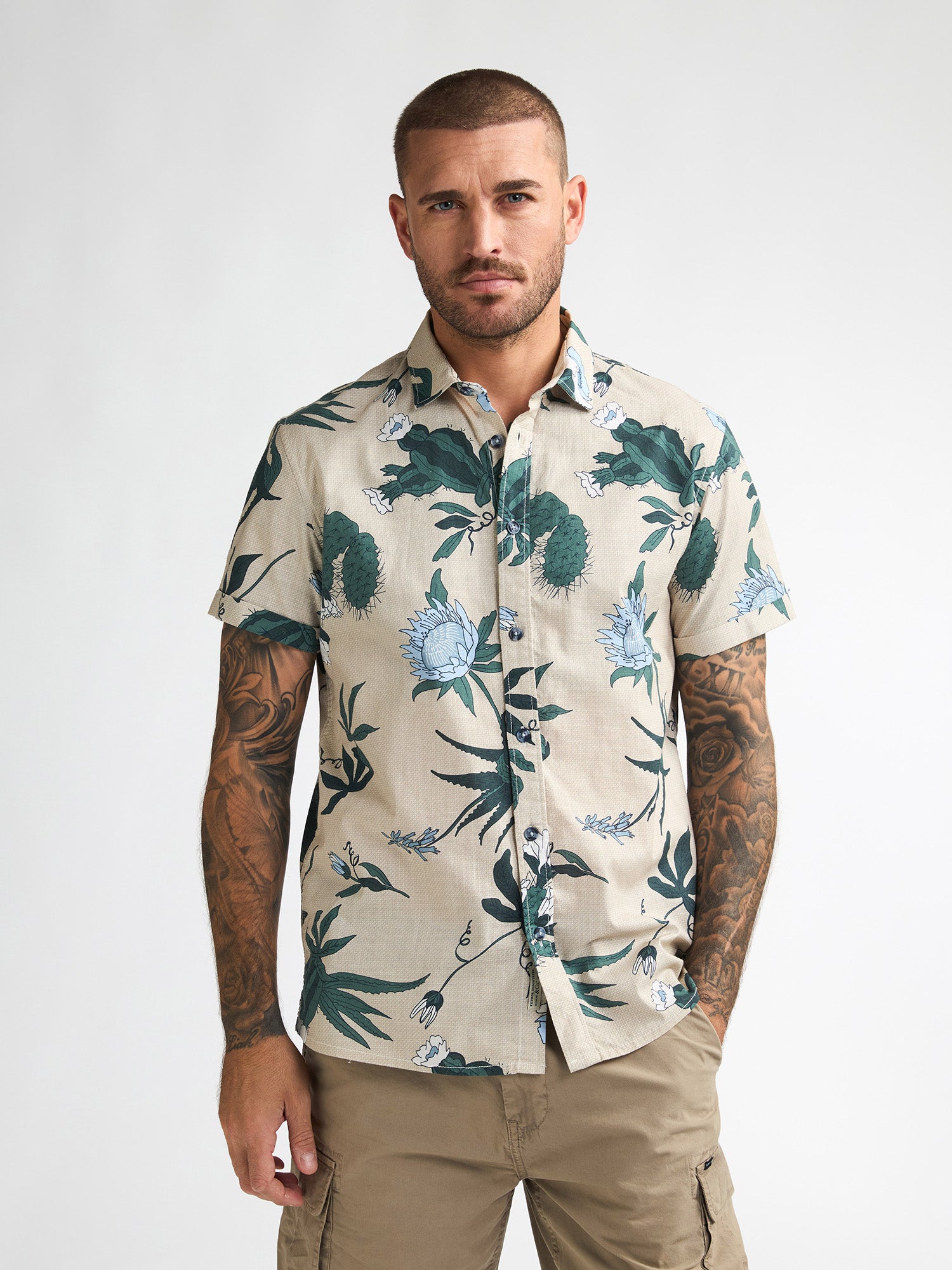 Petrol Industries Men Shirt Short Sleeve All-Over Print Regular Fit Light Tan
