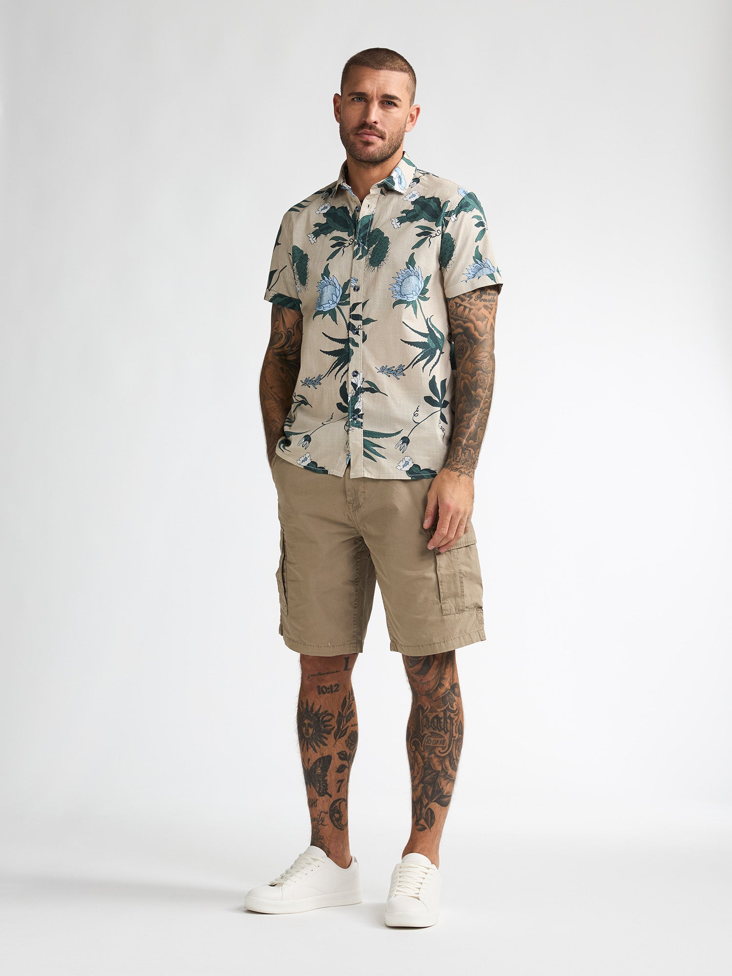 Petrol Industries Men Shirt Short Sleeve All-Over Print Regular Fit Light Tan