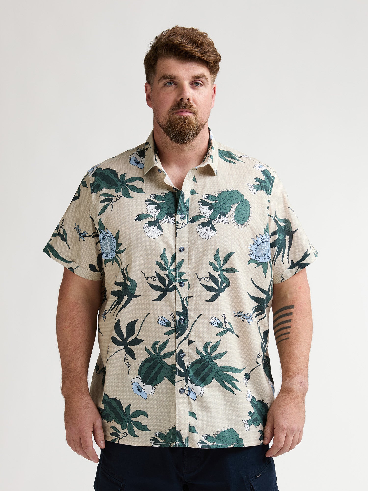Petrol Industries Men Shirt Short Sleeve All-Over Print Regular Plus Fit Light Tan