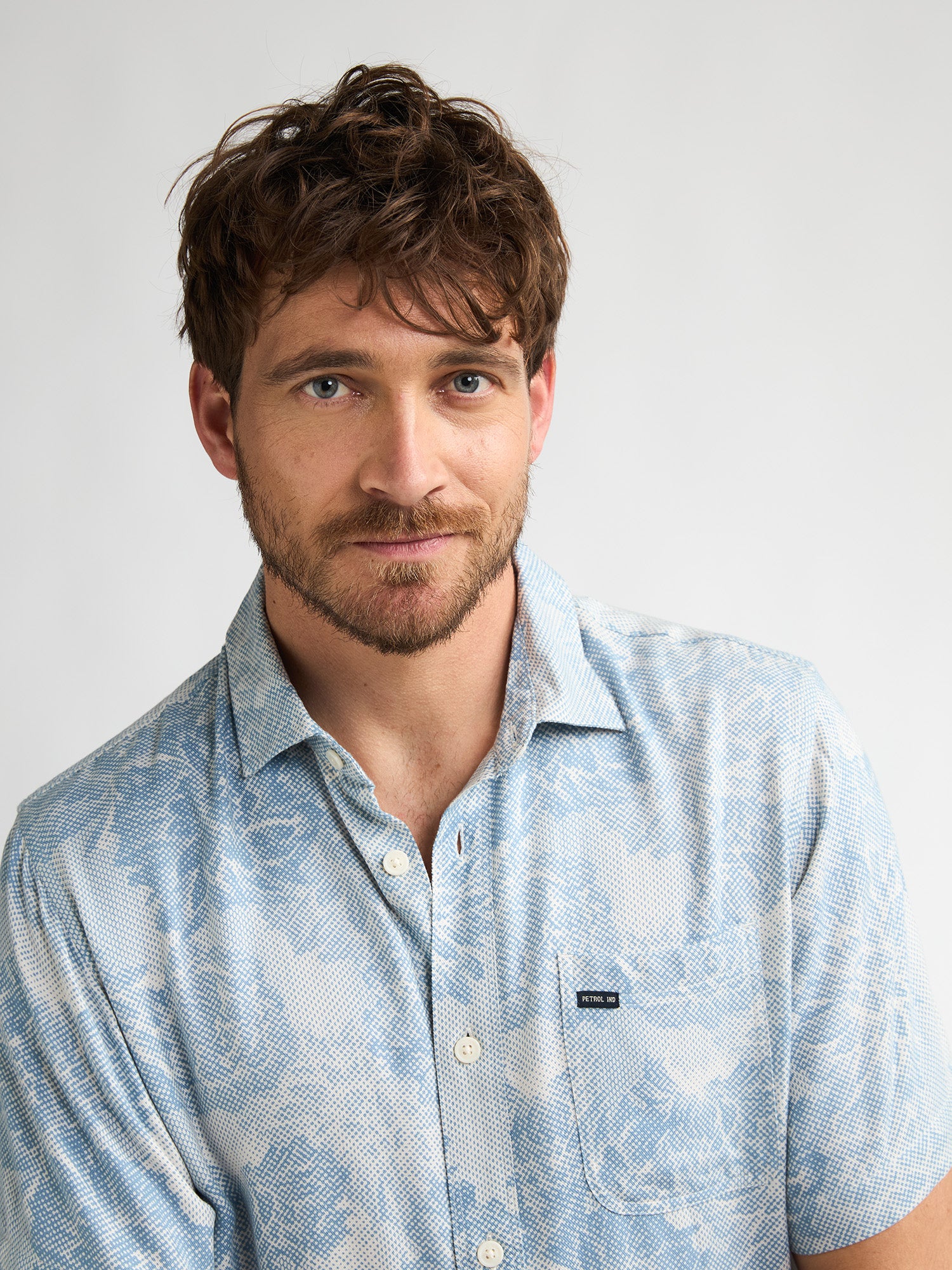 Petrol Industries Men Shirt Short Sleeve All-Over Print Regular Fit Marble Blue